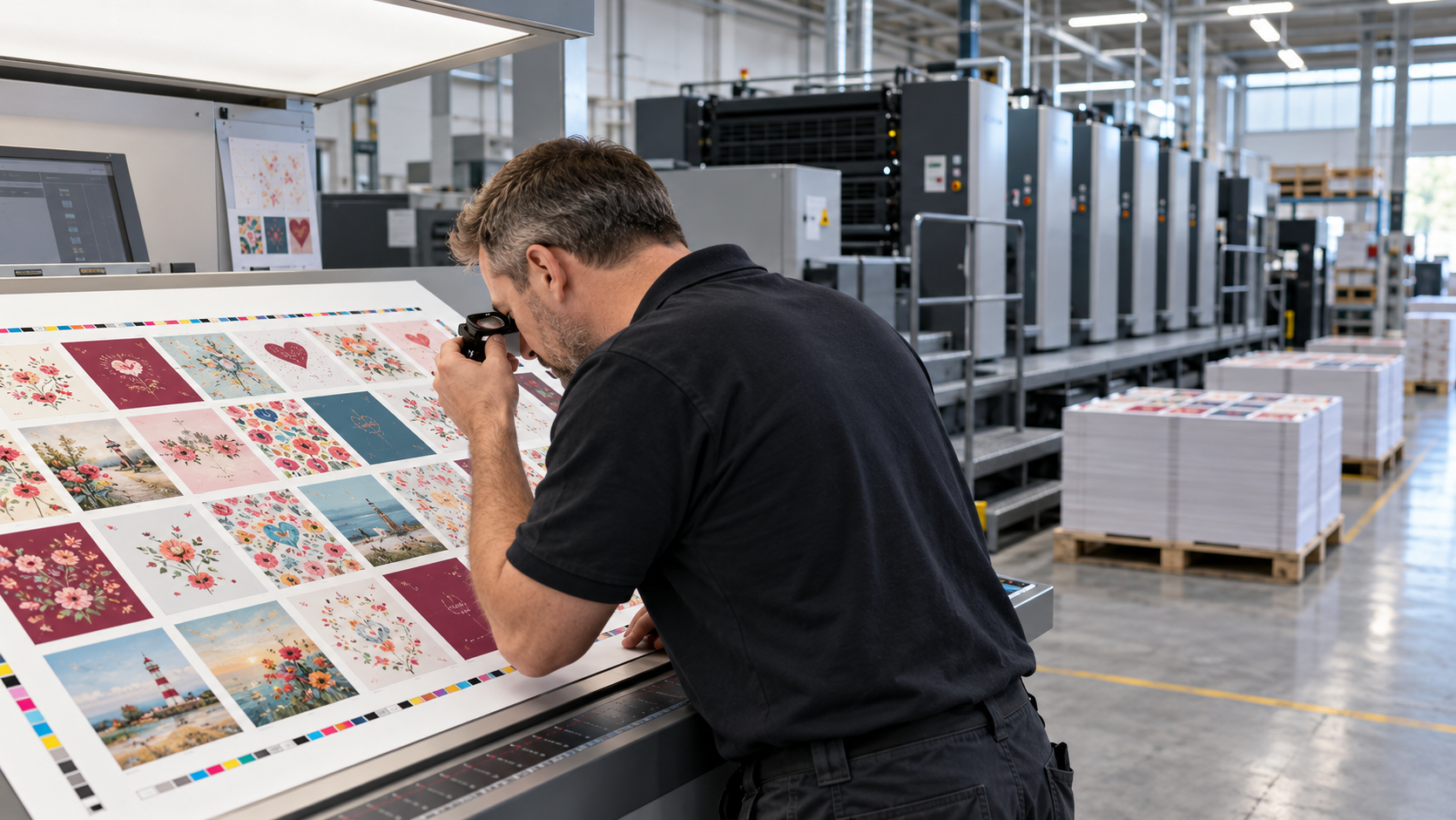 Bildkonzept: Drucker kontrolliert einen farbigen Druckbogen an einer modernen Offsetdruckmaschine
