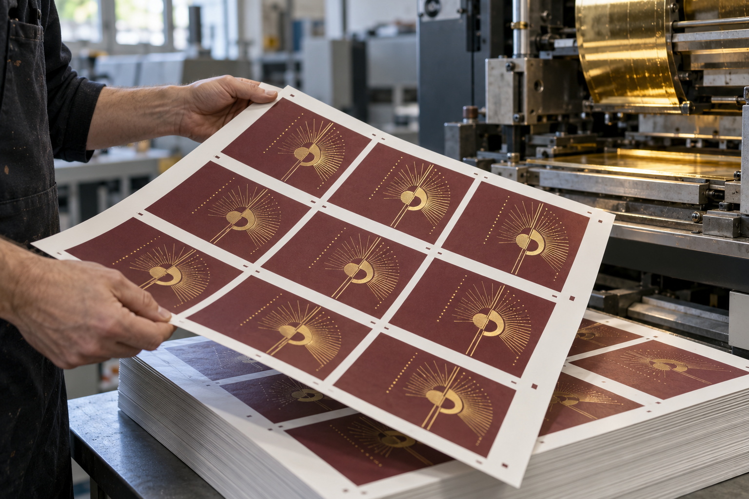 Bildkonzept: Hände kontrollieren einen mit Goldfolie veredelten Druckbogen